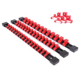 CASOMAN 3 PC Set Socket Organiser, SAE And Metric Socket Holder Rail, 1/4 Inch Drive x 16 Clips, 3/8 Inch Drive x 15 Clips, 1/2 Inch Drive x 12 Clips, Premium Quality Socket Holder (Red)