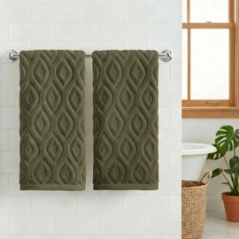 Artoid Mode Olive Green 3D Diamond Grid Jacquard Hand Towels for Bathroom 35 x 75 cm, 100% Cotton Soft Absorbent Bathroom Decor Towels Set of 2