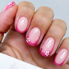 Red French Tips Press on Nails Flower Acrylic Full Cover Fake Nails Glossy Gold Glitter Short Square False Nail 24Pcs Stars Gel Glue on Fingernails Pink Gradient Stick on Nail for Holiday Manicure Art