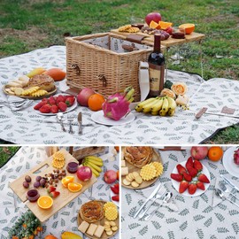 WILLOW WEAVE Picnic Basket with Table, Picnic Basket Set for 2, Willow Hamper with Wine Holder, Wicker Picnic Set with Blanket & Premium Tableware for Outdoor, Wedding, Anniversary, Birthday Gift