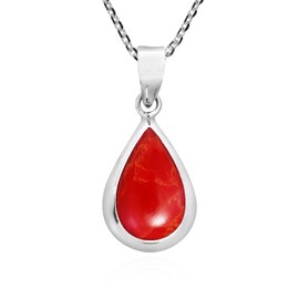 AeraVida Simply Elegant Teardrop Reconstructed Red Coral Inlay .925 Sterling Silver Pendant Necklace | Sterling Silver Necklace for Women | Long Necklaces for Women