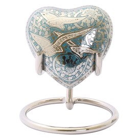 Small Urn for Ashes with Improved Lid Heart Shape with Box and Stand (Blue Birds)