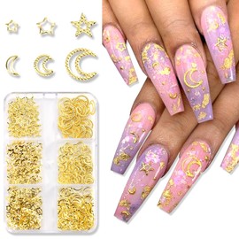 3D Metallic Nail Art Studs for Acrylic Nails, Mixed Sizes Gold Hollow Star Moon Alloy Nail Rivets Jewelry for Women Girls Manicure Nails Supplies DIY Crafts Decorations