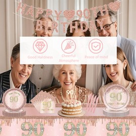 DWEARTY 90th Birthday Decorations for Women - Serve 16 - Happy 90th Birthday Banner, Tablecloth, Tableware, Plates and Napkins - Rose Gold 90 year old Party Supplies Decorations