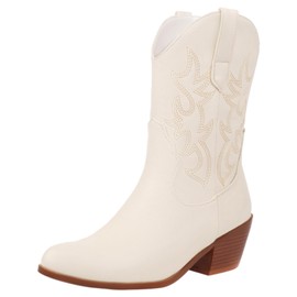 rismart Women's Cowboy Boots Western Boots Mid Calf Embroidered Cowgirl Shoes, beige