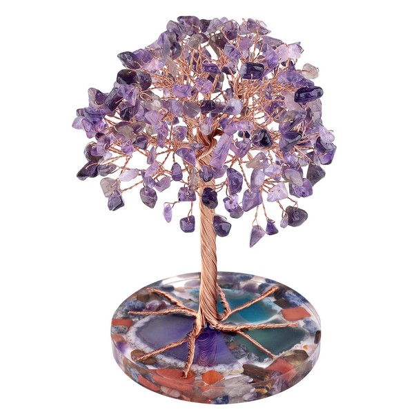 Nupuyai Amethyst Crystal Stone Money Tree Wrapped on Round Orgone Agate Slices Base, Tree of Life Crystal Bonsai Feng Shui Figurine Decor for Wealth and Luck 4.7-5.5 Inches