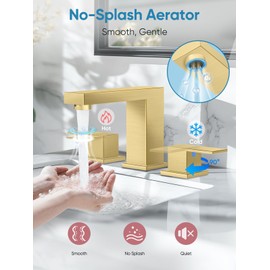 Cobbe Bathroom Faucets for Sink 3 Hole, Brushed Gold Bathroom Sink Faucet Square 8 inch Widespread with Pop-Up Drain, 2 Handle and 2 Supply Hoses, Lead-Free Stainless Steel for Vanity, Rv, Farmhouse