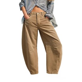 Barrel Jeans Women Mid Rise Barrel Leg Pants, Wide Leg Boyfriend Jeans for Women Retro Denim Baggy Vintage Horse Shoe Jeans (Khaki,XL,8)
