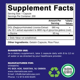 Vitamatic DGL Licorice 10:1 Extract 380 mg (3800mg Equivalent of Licorice Root) - 10X Stronger - Supports Healthy Digestive & Respiratory Functions - 200 Capsules