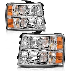 Chevy Silverado Headlights Assembly for 2007 2008 2009 2010 2011 2012 2013 Chevy Silverado 1500/2007-2014 Silverado 2500HD 3500HD Chrome Housing Amber Reflector Replacement HeadLamp Pair