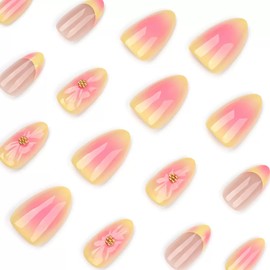 French Tip Press on Nails Almond Short Fake Nails with 3D Water Ripple Design Glue on Nails Pink Ombre Glossy Acrylic Artificial Nails Full Cover Stick on Nails for Women 24Pcs