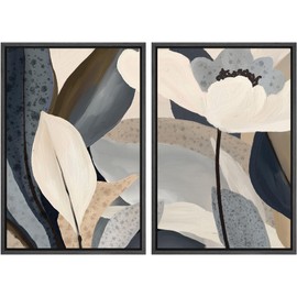 MUDECOR Framed Canvas Print Wall Art Set Floral Abstract Botanical Painting with Blue and Beige Tones Illustrations Modern Art Decorative for Living Room, Bedroom, Office - 24"x36"x2 Black