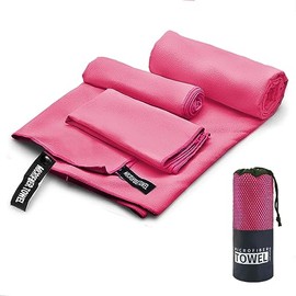 Toalla Deportiva, EASYTAO Toalla Microfibra 3PCS, Toalla Gym Suave y Ligero para Natacion, Deporte, Baño, Viajes, Yoga, Etc, con Una Bolsa, 3 Tallas (76 * 152cm+40 * 80cm+30 * 30cm, Rosa Roja)