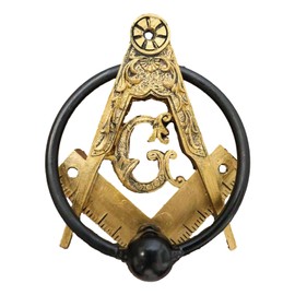 Ebros Gift Antiqued Faux Gold Freemasons Freemasonry Masonic Square and Compasses Monogram Decorative Door Knocker with Scroll Art Crafted Resin with Metal Ring Hardware