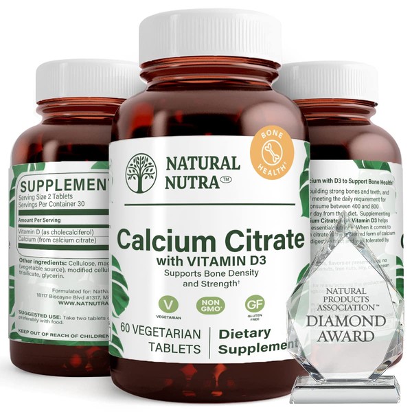 Natural Nutra Calcium Citrate with Vitamin D3, Supplement for Bone Strength, Health and Osteoporosis, 60 Tablets