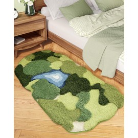 Color&Geometry Green Moss Rug for Bedroom Decor Aesthetic, 60"x35" 3D Soft Shaggy Bedside Rug,Non Slip Washable Area Rug for Home, Living Room, Bathroom Decor