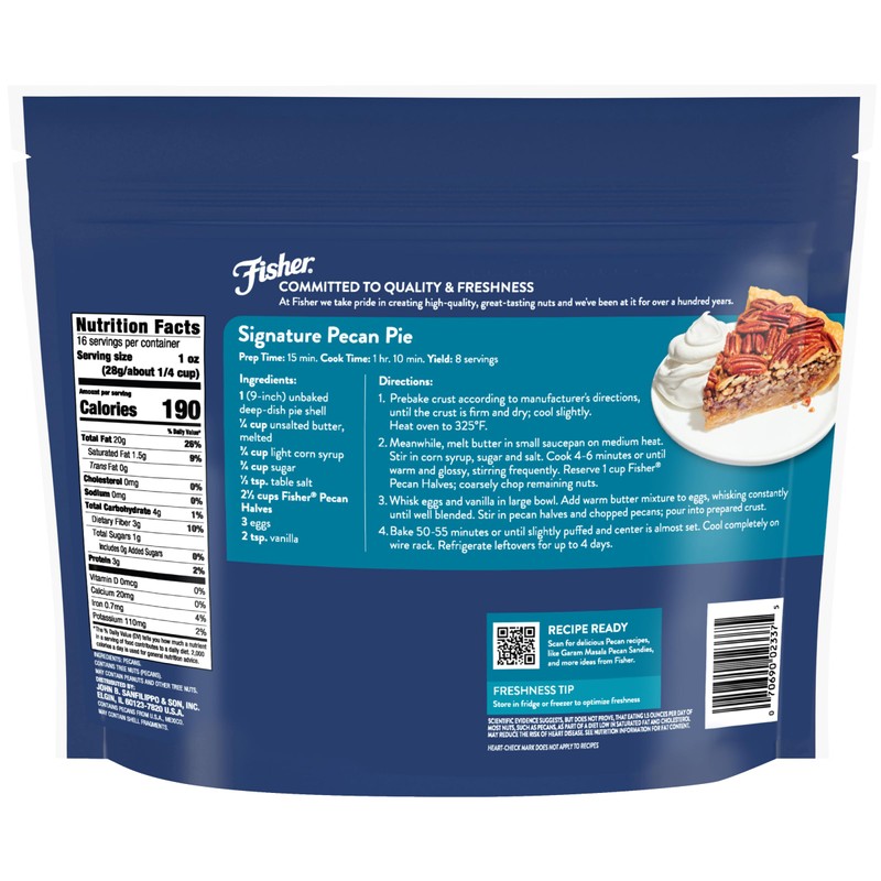 Fisher Chef's Naturals Pecan Halves 1 Lb Resealable Bag, Unsalted
