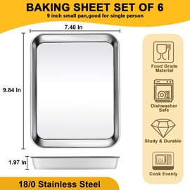 CACOLES Stainless Steel Baking Sheet Pan Set of 6, Cookie Sheet Metal Baking Pan Oven Tray, Cooking Baking Sheet for Toaster Oven, Easy Clean, Dishwasher Safe, 9 x 7 x 1 Inch