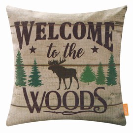 LINKWELL Lodge Cabin Pillow Cover 18x18 Inch Welcome to The Woods Moose Design Home Sofa Decorative Throw Cushion Cover Furniture Square Printed Pillowcase Hidden Zipper CC1787