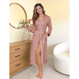 Ekouaer Womens Robe Long Knit Kimono Bathrobe Lightweight Sleepwear Soft Ladies Loungewear with Pockets, Pink, S