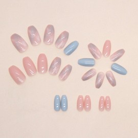 Short Press on Nails Coffin Fake Nails with Marble Designs Pink Nails Press ons Spring Summer Glue on Nails Glossy Acrylic Nails Blue False Nails Daily Wear Natural Stick on Nails for Women 24Pcs