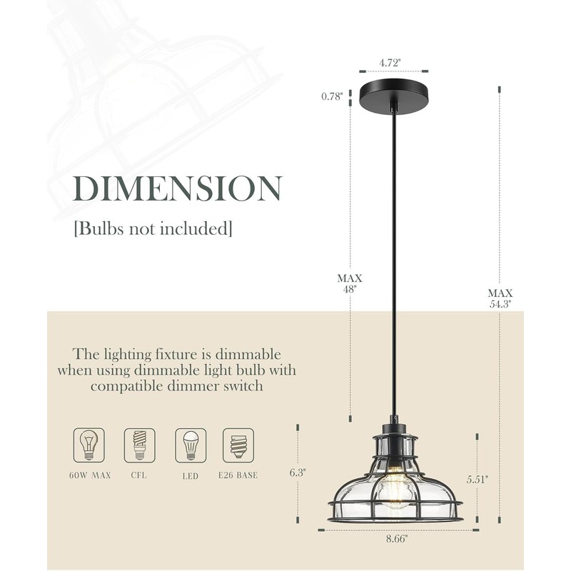 YKLITG 2PK 8.7" Industrial Pendant Lights with Glass Shade &