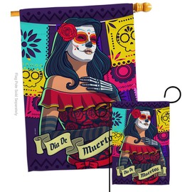 Breeze Decor La Calavera Catrina Garden House Flags Set Fall Dia De Los Muertos Fiesta Mexican Party Autumntime Small Decorative Gift Yard Banner Double-Sided Made in USA 28 X 40