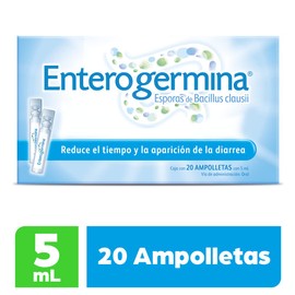 Enterogermina Probioticos. Suspensión de Bacillus clausii 2 Billones UFC 20 ampolletas de 5 ml c/u