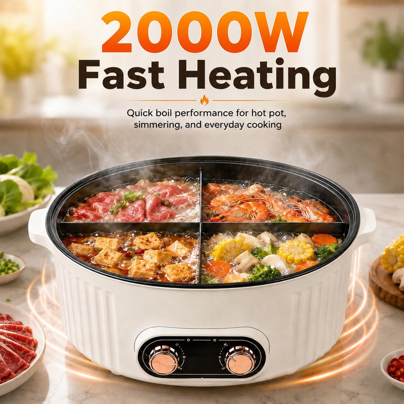 4-Compartment Hot Pot, 6L Large Stew Pot with Divider, Dual