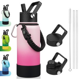 BJPKPK 32oz Insulated Water Bottles with 3 Lids, Paracord Handle & Non-slip Boot, Stainless Steel Metal Water Bottle,Reusable BPA Free Thermos, Tumblers, Cherry