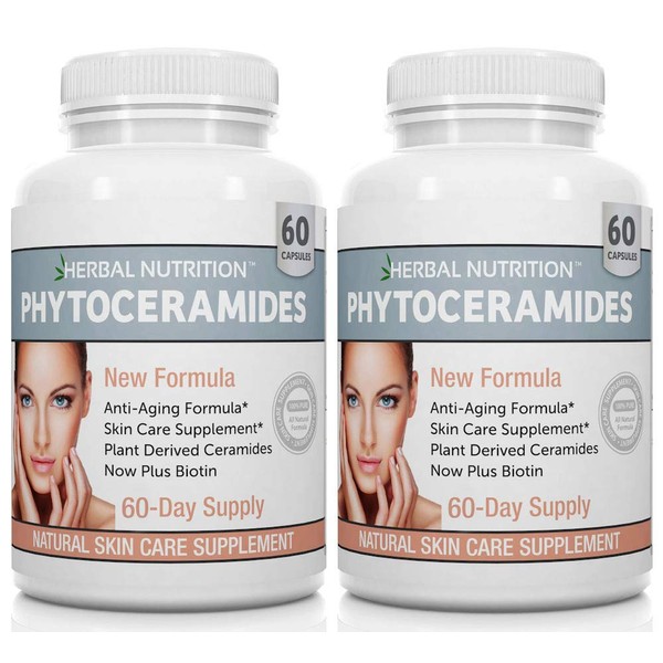 Phytoceramides Rice Based with Biotin Anti Aging Supplement, Wrinkle Remover and Facial Moisturizing with Phytoceramides Vitamin A, C, D and E, Two Bottle Pack, 120 Capsules 40mg, Gluten Free
