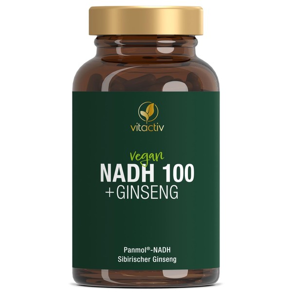 Vitactiv NADH 100 + Ginseng - Biologically Active Panmol® NADH plus Siberian Ginseng - Stabilised NADH, Vegan - 60 Capsules