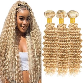 Dokksiiia Ombre Bundles P27/613 Deep Wave Human Hair Bundles Highlight #27 and #613 Piano Color Mix Two-Tone Blonde Deep Curly Weave Brazilian Human Hair Extensions 30 32 34 Inch