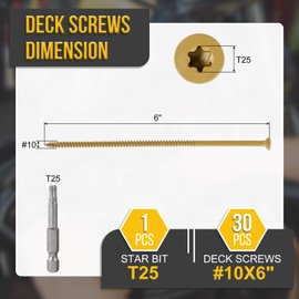 DTGN #10x6" Deck Screws - 30Pack - Good for Decks, Fences, Frames, Farms, Outdoor Furniture - Carbon Steel Wood Screws W/ T25 Torx Star Drive Bit - Tan