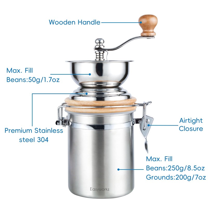 Easyworkz Manual Coffee Grinder - Adjustable Settings, Airtight Canister -