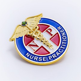 Nurse Pin Button - Gold Outline with Green Stone - RN, NP - Nurse Red Cross Pin, USA, Metal, Unique, Red, Green, Blue - 1.5" (Nurse Practitioner)
