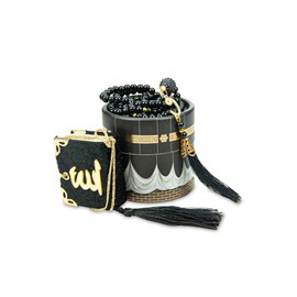 ihvan online Islamic Prayer Cylinder Gift Box with Elegant Velvet Covered Mini Quran & Prayer Beads Tesbih, Ramadan & Eid Gift, Black
