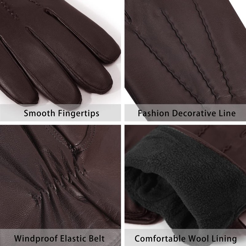 Harssidanzar GM040EU Men's Leather Gloves Fleece Lining Touchscreen, brown