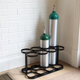 AireMed Oxygen Tank Holder – Holds (8) E, D or M9/C Size Tanks - Heavy-Duty Oxygen Cylinder Rack for Storage and Transportation – Floor Mountable Oxygen Rack – Stylish Black Frame - 4.5" Diameter