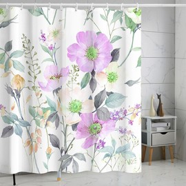 FAIRYGATE B9721 Bath Curtain Waterproof Shower Curtain for Bathtub 180 x 180 cm Polyester Waterproof Mould Resistant Anti Bacterial Bath Curtain with 12 Shower Curtain Rings Flowers