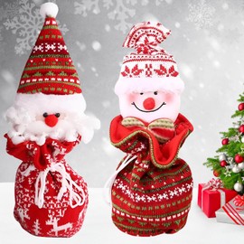 EZONEDEAL 2 Pcs Doll Bags, Knitted Drawstring Christmas Bags, Reusable 3D Xmas Candy Gifts Bag, Red Doll Apple Bags Santa Party Favor Decor, Small Santa Snowman Doll Storage Bags