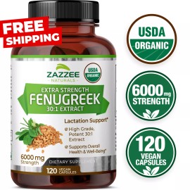 Zazzee USDA Organic Fenugreek 30:1 Extract, 6000 mg Strength, 120 Vegan Capsules
