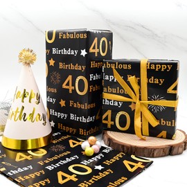 5Pcs 40th Birthday Wrapping Paper,50 * 70cm Gold Black Wrapping Paper for Woman Men Birthday Decorations