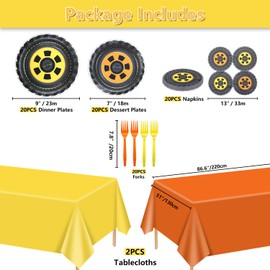 82 Pcs Racing Car Party Decorations, Tyre Paper Plates, Tyre Paper Napkins, Yellow and Orange Tablecloths, Forks for Boy Kids Birthday Party Construction Party Race Car Theme Party, Serves 20
