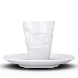 TASSEN Porcelain Espresso Mug with Saucer, Impish Face Edition, 2.7 oz. White (Single Cup & Saucer)