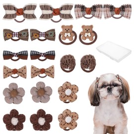 YONHTUTU 20Pcs Small Dog Hair Bows with Rubber Bands, Brown Handmade Cute Puppy Bows, Mix Style Grooming Flower Ball Bowknot Top Knot Hair Ties Accessories for Yorkie Maltese Shih tzu Cat Pet