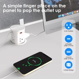 ANNQUAN Automatic Pop Up Outlet for Countertop,20W USB-C Fast Charging Power Station,3.15" Kitchen Island Pop Up Electrical Outlet,4 Outlets,4 USB,Office Power Supply,6ft Cord(White)