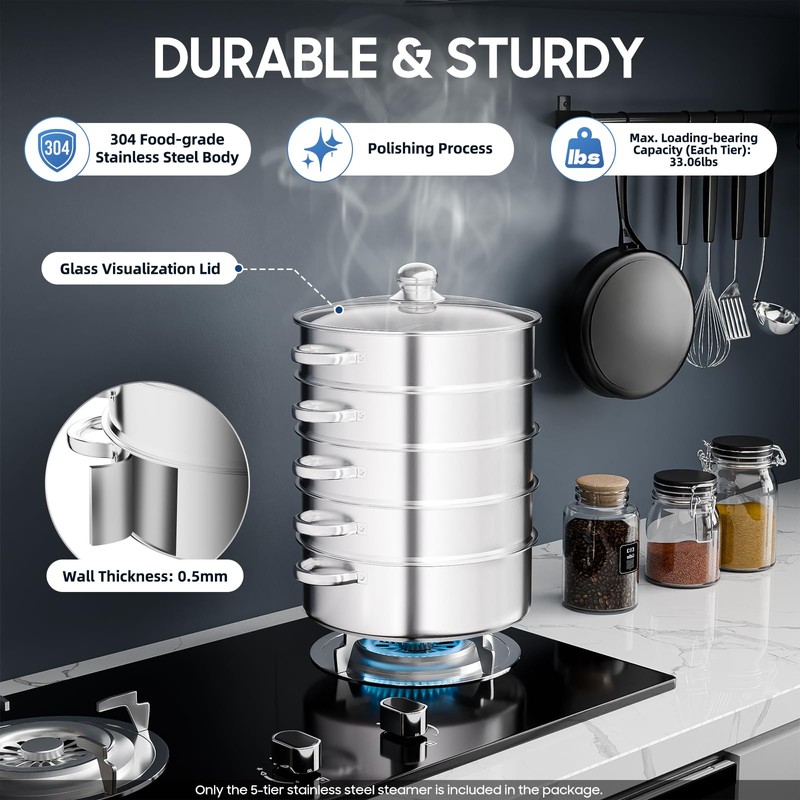 XUANIIIL 5 Tier Steamer 11 Inch Stainless Steel Steam Cooker