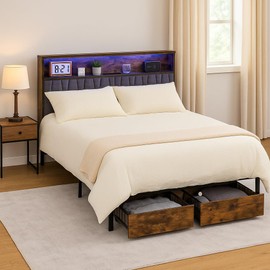 COMHOMA Queen Bed Frame with Headboard and Storage Drawers, Charging Station, Modern Platform Metal Frames with Wood Accents, No Box Spring Needed, Quiet and Sturdy Structure