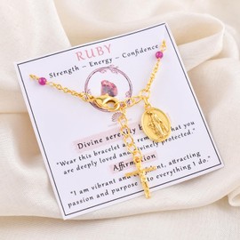InfinityGemsArt Ruby Bracelets For Women July Birthstone Jewelry Micro Pink Beads Crystals and Healing Stones, Virgin Mary Jesus Christ Cross Charm Bracelet, 18K Gold Plated Chain 8 inch